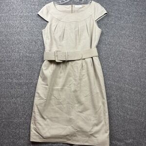 Calvin Klein Womens Belted Sheath Dress Size 10 Taupe Cap Sleeve Work Career